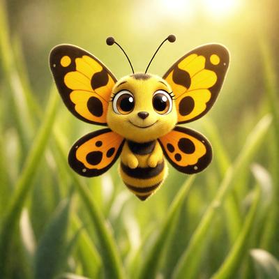The primary subject of the image is a yellow and black butterfly with a smiling face. The butterfly is perched on a green background, which could be a field of grass or a leaf. The visual style of the image is a combination of photo and digital art, creating a unique and whimsical appearance. The colors and mood of the image are bright and cheerful, with the yellow and black butterfly being the main focus and source of happiness.